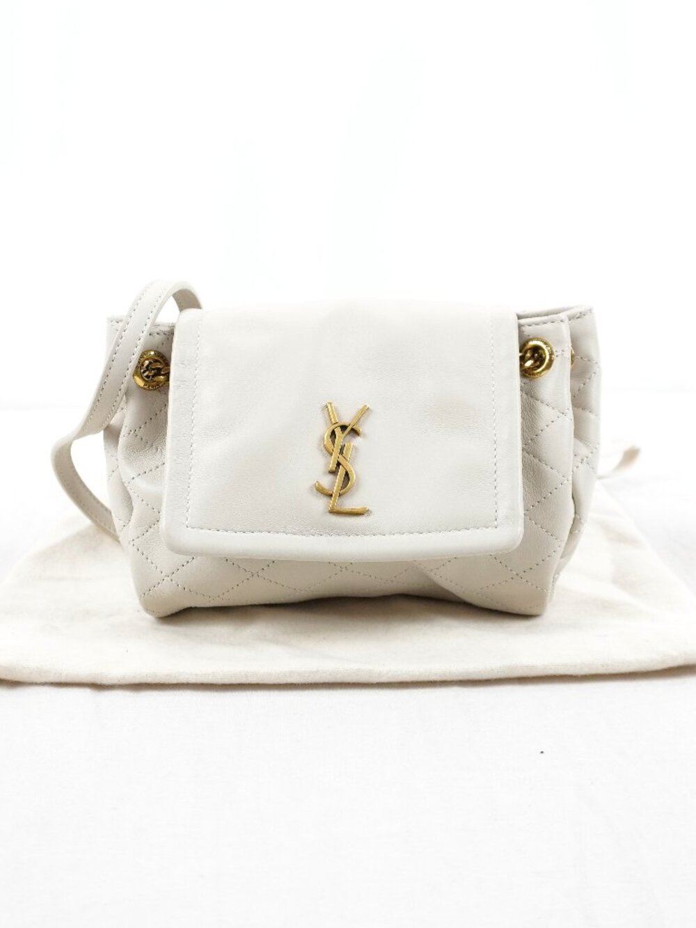 Saint Laurent Mini Nolita Shoulder Bag In White Quilted Lambskin Leather & Gold
